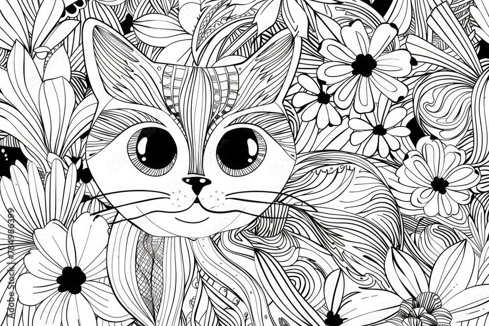 Fototapeta premium Hand drawn cat zentangle style. Coloring book for kids and adults.For adult and for children antistress coloring page, print, emblem,logo or tattoo,design, decor, T-shirt.