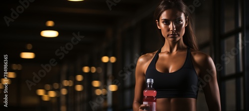 Beautiful young woman with a bottle of sports drink posing after a fit workout at the gym photo