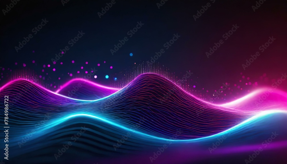 Digital graphic background, glowing neon wave, tech, AI, data
