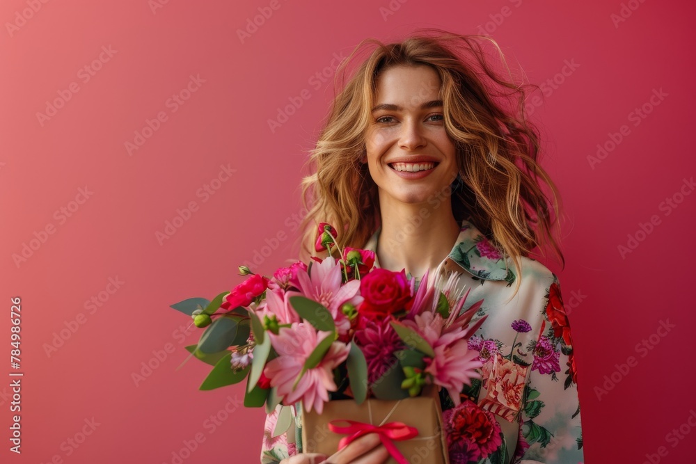 A radiant woman with wavy hair smiling while holding a colorful bouquet of flowers against a pink background A radiant woman with wavy hair smiling while holding a colorful bouquet of flowers against a pink background
