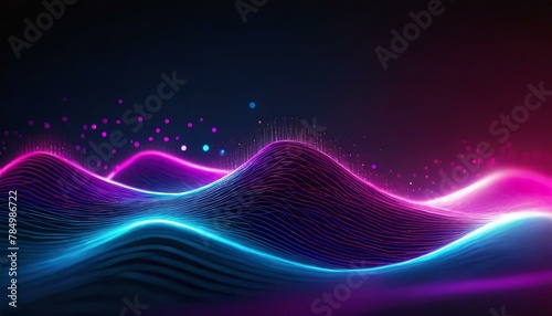 Digital graphic background, glowing neon wave, tech, AI, data