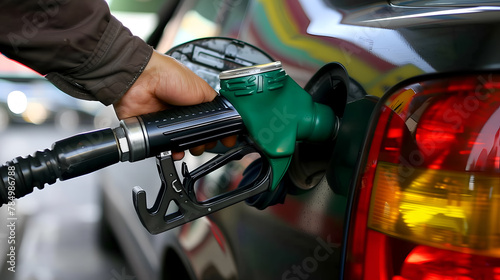 Hand refilling a car with fuel at a gas station, closeup