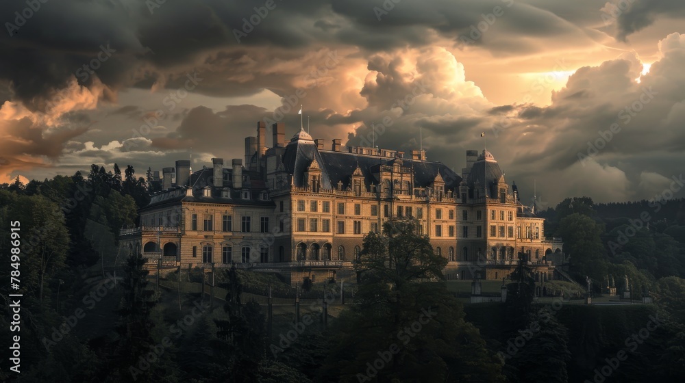 Regal Historic Mansion Against Dramatic Cloudscape at Dusk