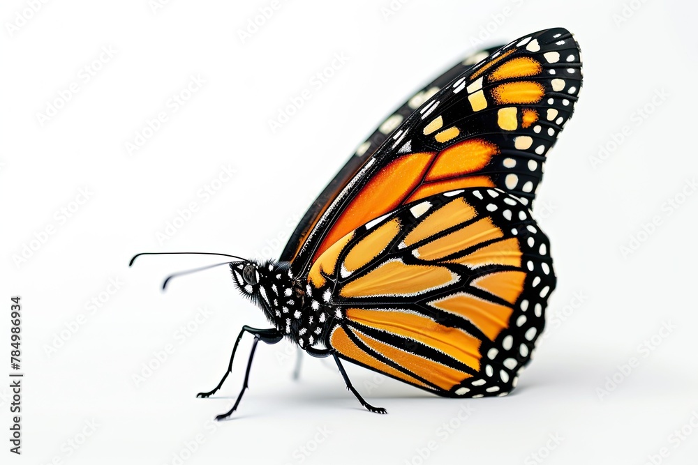 Fototapeta premium Monarch Butterfly on white background, bliss, Awe-inspiring, Extreme Close-up View,