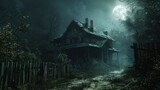 Haunted Victorian Mansion on Moonlit Night with Fireflies and Withered Fence
