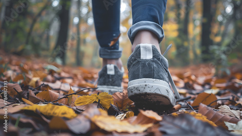Close-up of woman's legs walking on fallen leaves in autumn forest photo