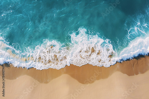 summer background - aerial view of sea waves on tropical beach with white sand