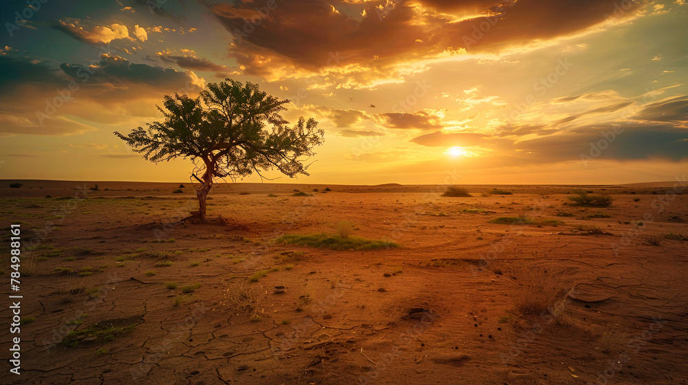 Fototapeta premium Landscape style, desertification process, lush to barren, rule of thirds composition, golden hour lighting, copy space on the right