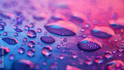 Bright background, transparent water drops on smooth colorful surface, abstract background