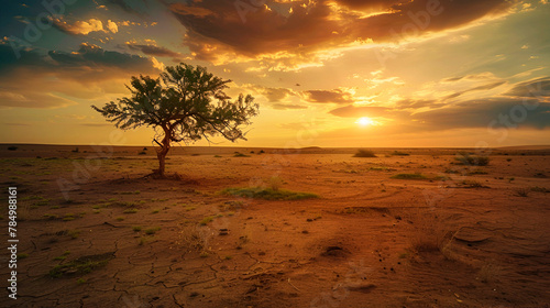 Landscape style, desertification process, lush to barren, rule of thirds composition, golden hour lighting, copy space on the right