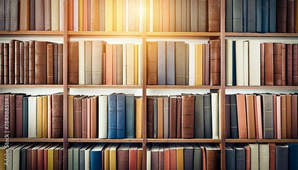 White library book shelves packed with colorful books