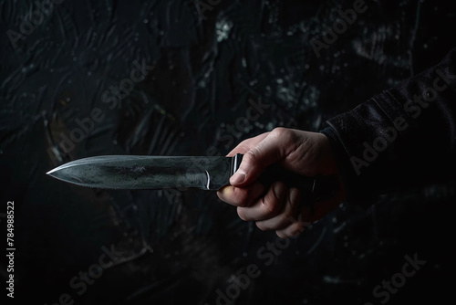 criminal concept, male hand holding knife over dark background