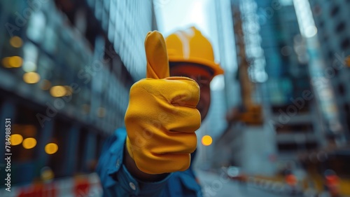 A construction worker is giving a thumbs up while wearing a yellow jacket