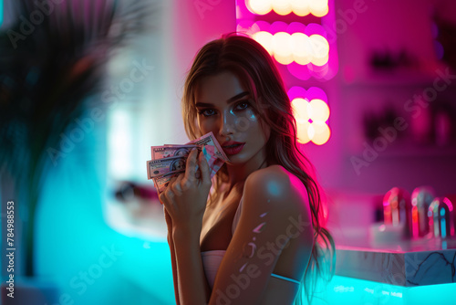 beautiful sexy woman holding money, prostitution or striptease concept photo