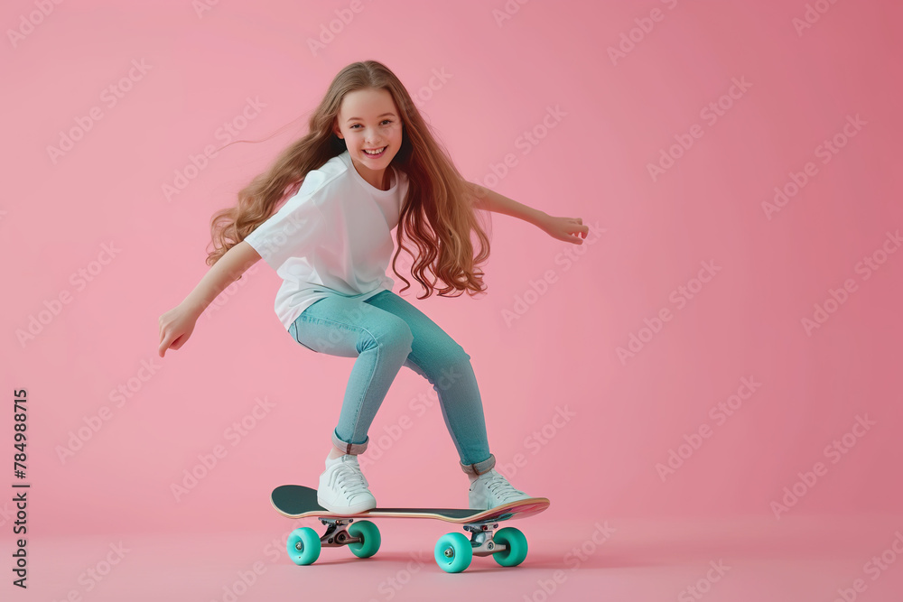 Teenage girl riding a skateboard on a pink background.