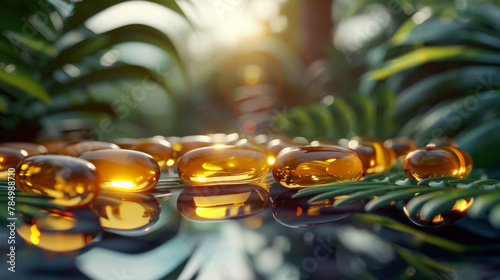 Omega-3 capsules in the jungle Fish oil in pills.