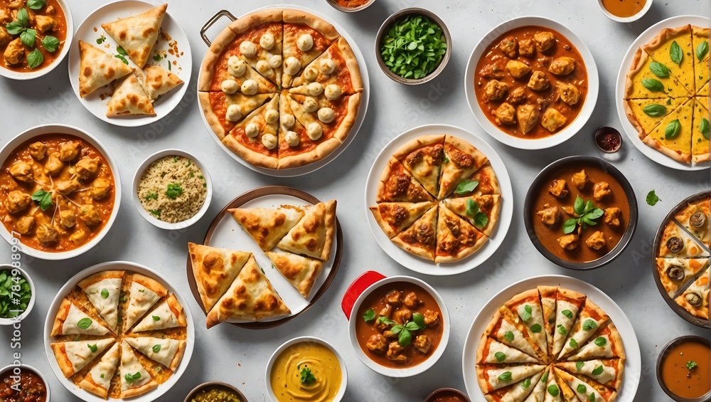 pizza--hummus--biryani--chicken-curry--momos--tikka--korma--samosas--Food-collection-set-isolated-on-white-background--Ramadan-iftar-food-collection-set