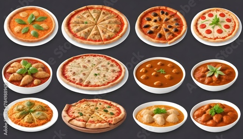 pizza--hummus--biryani--chicken-curry--momos--tikka--korma--samosas--Food-collection-set-isolated-on-white-background--Ramadan-iftar-food-collection-set