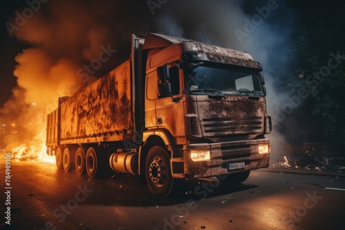 Explosive freight fuel truck accident with intense fire and billowing smoke cloud.