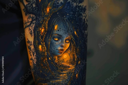 Enchanting elf tattoos glowing under forest moonlight, a magical encounter photo