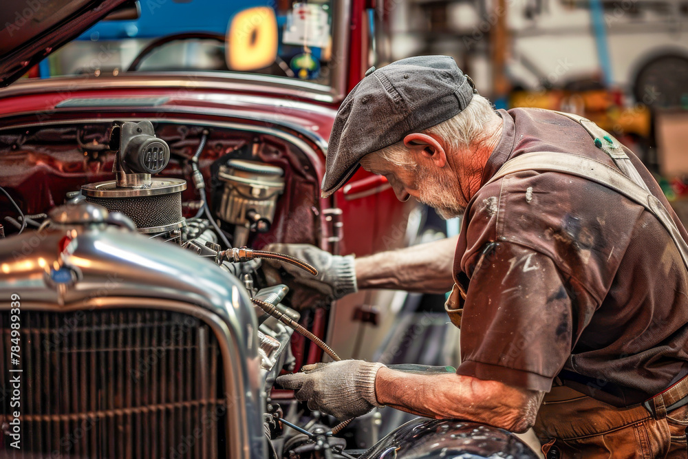 Expert Mechanic Fine-Tuning a Classic Car Engine