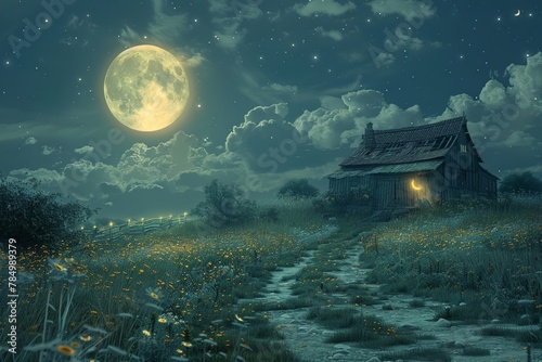 Moonlight serenade over an organic farm, harmony with nature, vintage aesthetic © AlexCaelus