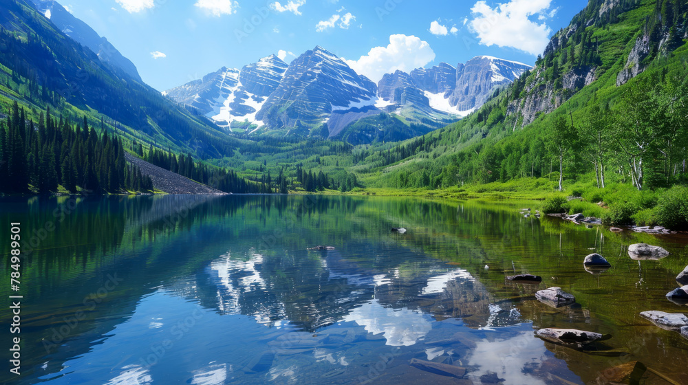 Serene Mountain Lake with Snow-Capped Peaks and Lush Forest