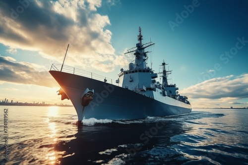 Modern naval warships conducting military exercises in the vast expanse of the open sea