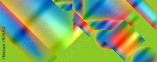 Vibrant and colorful abstract painting featuring a green background with a rainbow of colors. The symmetrical patterns and closeup details create a dynamic and electric blue masterpiece