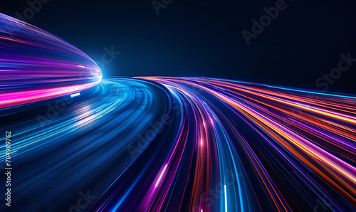 High speed light trail effect, futuristic dynamic motion technology, neon glowing lines