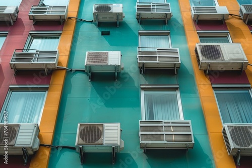 Air conditioning units punctuate the multicolored exterior of an urban apartment complex, blending functionality with style.