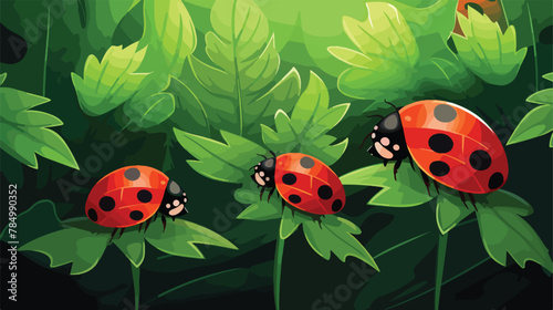A cluster of bright red ladybugs crawling on a leafy