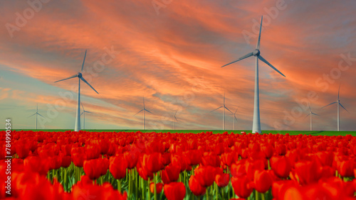 windmill park with tulip flowers in Spring at sunset, windmill turbines in the Netherlands Europe. windmill turbines in the Noordoostpolder Flevoland photo