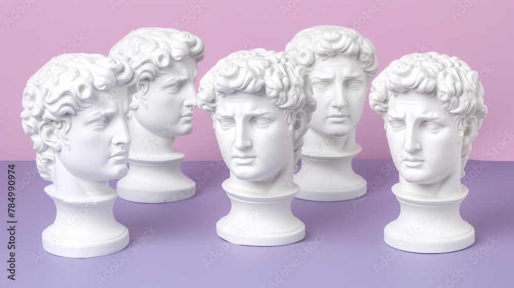 Obraz premium Ancient classical marble gypsum stoic, roman, greek bust, busts head sculpture against a colored background representing historical figures 
