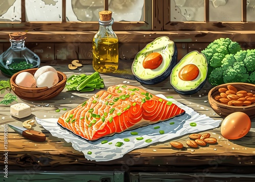A vibrant digital painting of salmon and avocado, evoking the freshness and artistry of healthy eating. © milanchikov