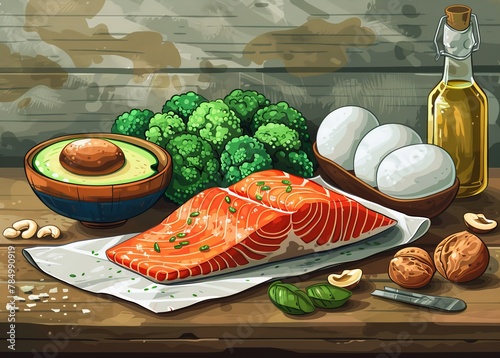 Digital art depicting a cooking scene with a healthy salmon dish and fresh ingredients, perfect for culinary concepts. © milanchikov