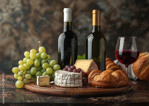 A refined display of various wine bottles paired with cheese and grapes, symbolizing sophisticated indulgence.