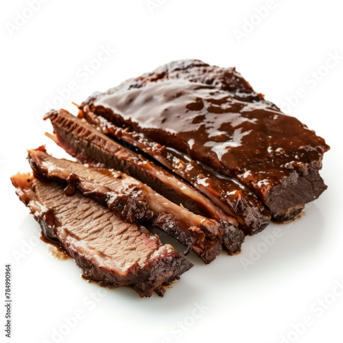 Juicy Barbecued Beef Brisket Slices Coated with Glaze on a Pristine White Plate