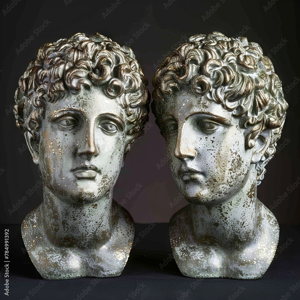 Obraz premium Ancient classical marble gypsum stoic, roman, greek bust, busts head sculpture against a colored background representing historical figures 