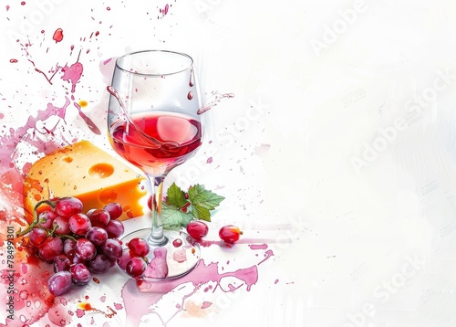 A watercolor art scene of wine and cheese, ideal for sophisticated and artistic culinary expressions. © milanchikov