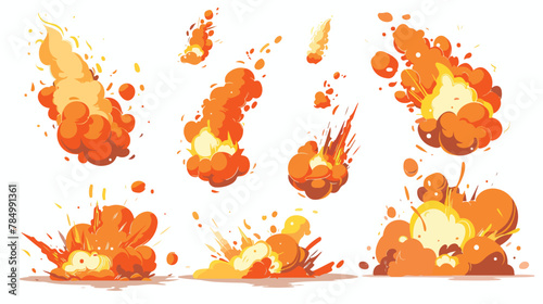 Cartoon fire game effect with smoke cloud vector set.