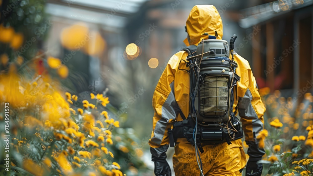 Employees at a termite control company are using a chemical sprayer to get rid of termites at customers' homes Employees at a termite control company are using a chemical sprayer to get rid of termites at customers' homes