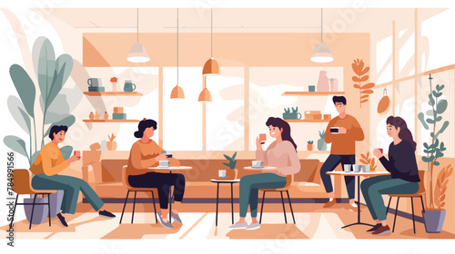 A cozy coffee shop with patrons enjoying their drinks