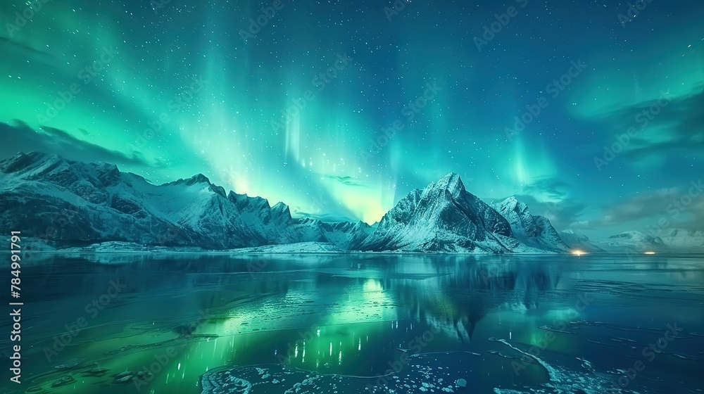Aurora borealis on the Lofoten islands, Norway. Night sky with polar lights. Night winter landscape with aurora and reflection on the water surface. Natural background in the Norway