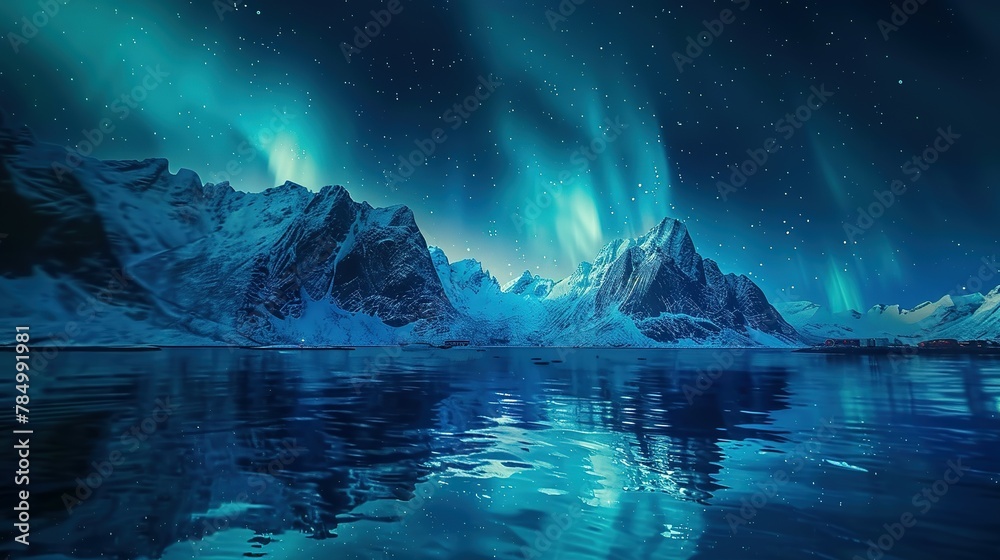 Naklejka premium Aurora borealis on the Lofoten islands, Norway. Night sky with polar lights. Night winter landscape with aurora and reflection on the water surface. Natural background in the Norway