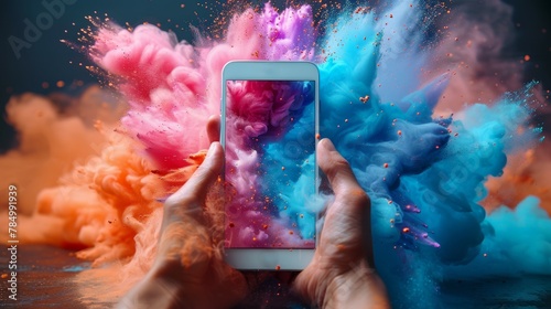 An illustration of a person holding a phone in two hands. An explosion of color. Touching screen with a finger. Modern illustration. photo