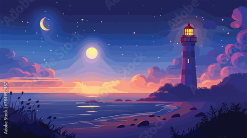 Cartoon night sea landscape with lighthouse 