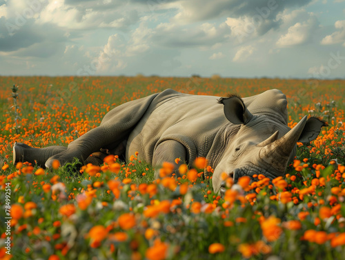 cinematic image of rhino sleeping in the field of orange flowers