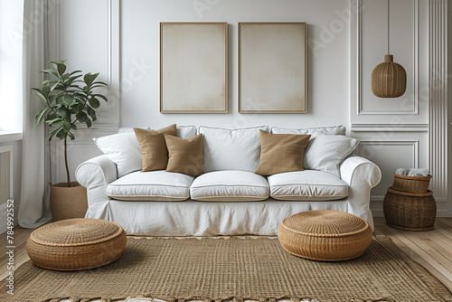 Cozy living room interior with a white sofa, natural woven accents, and blank frames for mockup.