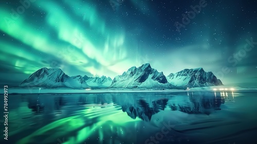 Aurora borealis on the Lofoten islands, Norway. Night sky with polar lights. Night winter landscape with aurora and reflection on the water surface. Natural background in the Norway